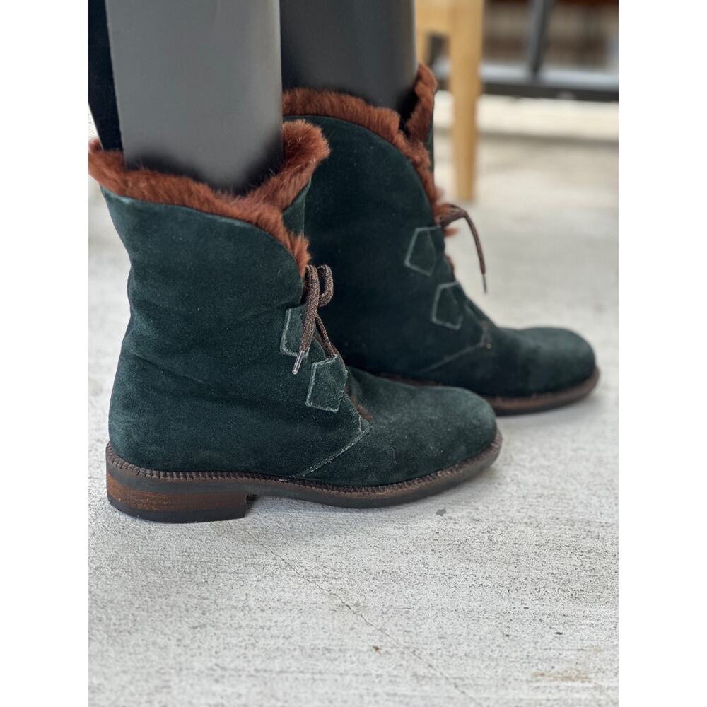 Vicini Italy Women’s EU 37.5 | US 7.5 Green Suede Fur Lined Lace Up Winter Boots - Picture 2 of 13